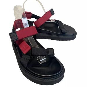 Zara Black Red Strappy Hiking Beach Canvas Summer Flat Sandals Size 38 Walking